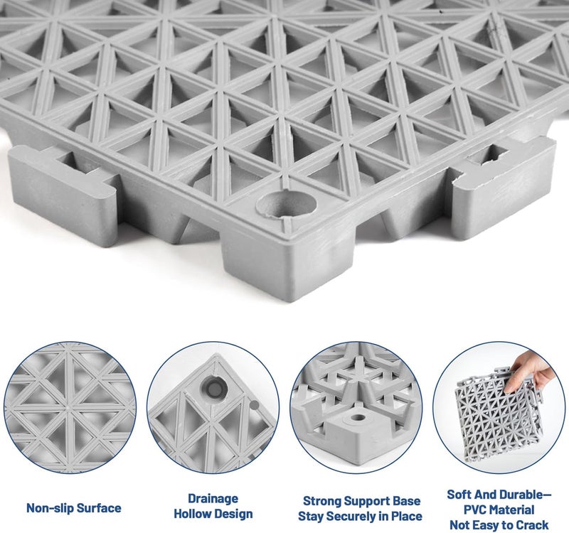 Dingbaayee 12PCS Drainage Interlocking Floor Tiles 11.8" x 11.8", Modular Interlocking Cushion Soft PVC Floor Non-Slip Splicing Waterproof Mat for Pool, Shower, Patio, Balcony, Bathroom, Kitchen, Yard（Grey） - Image 3